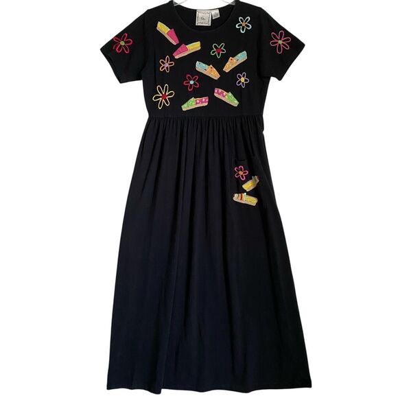 Michael Simon Maxi T-shirt Dress S Black Shoes Embroidered Design Artsy Vacation - Picture 1 of 8